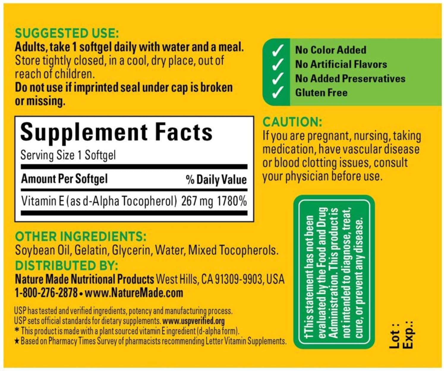 Nature Made Plant Sourced Vitamin E 400 IU ingredients on bottle