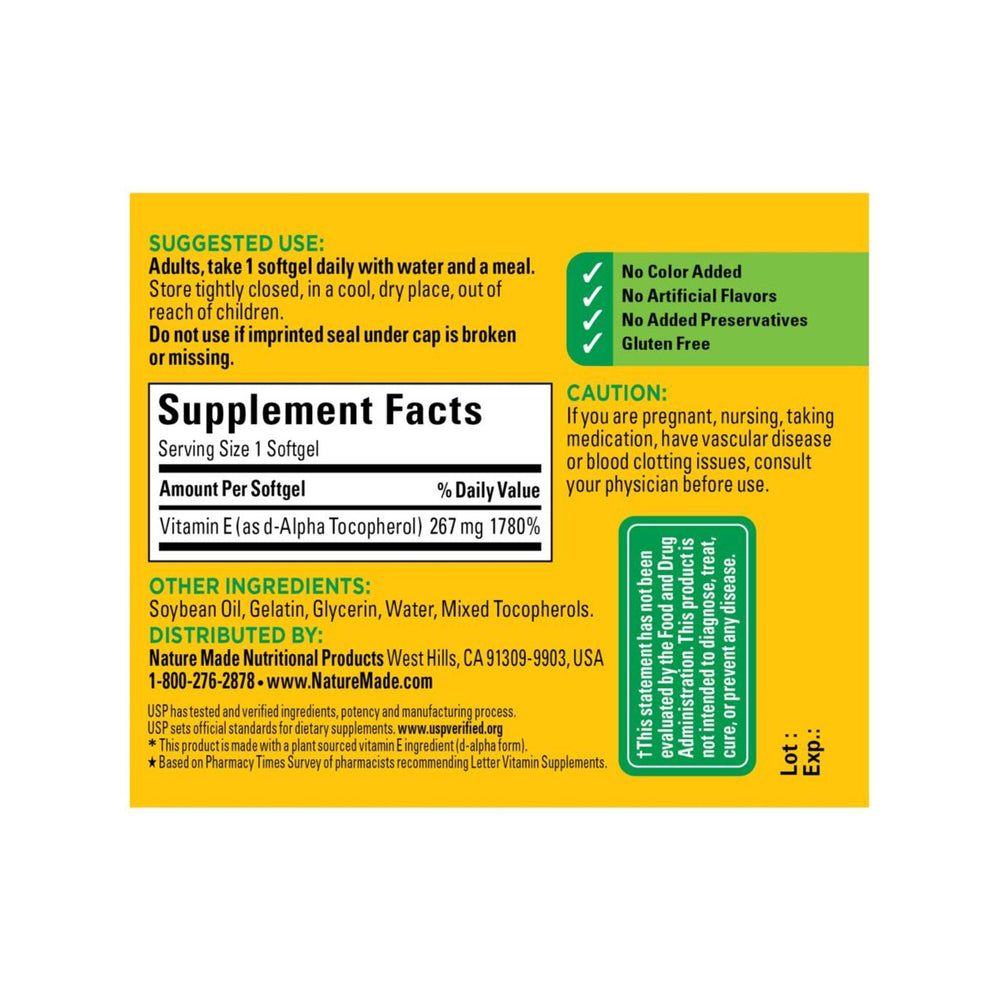 Nature Made Plant Sourced Vitamin E softgels label highlights plant origin