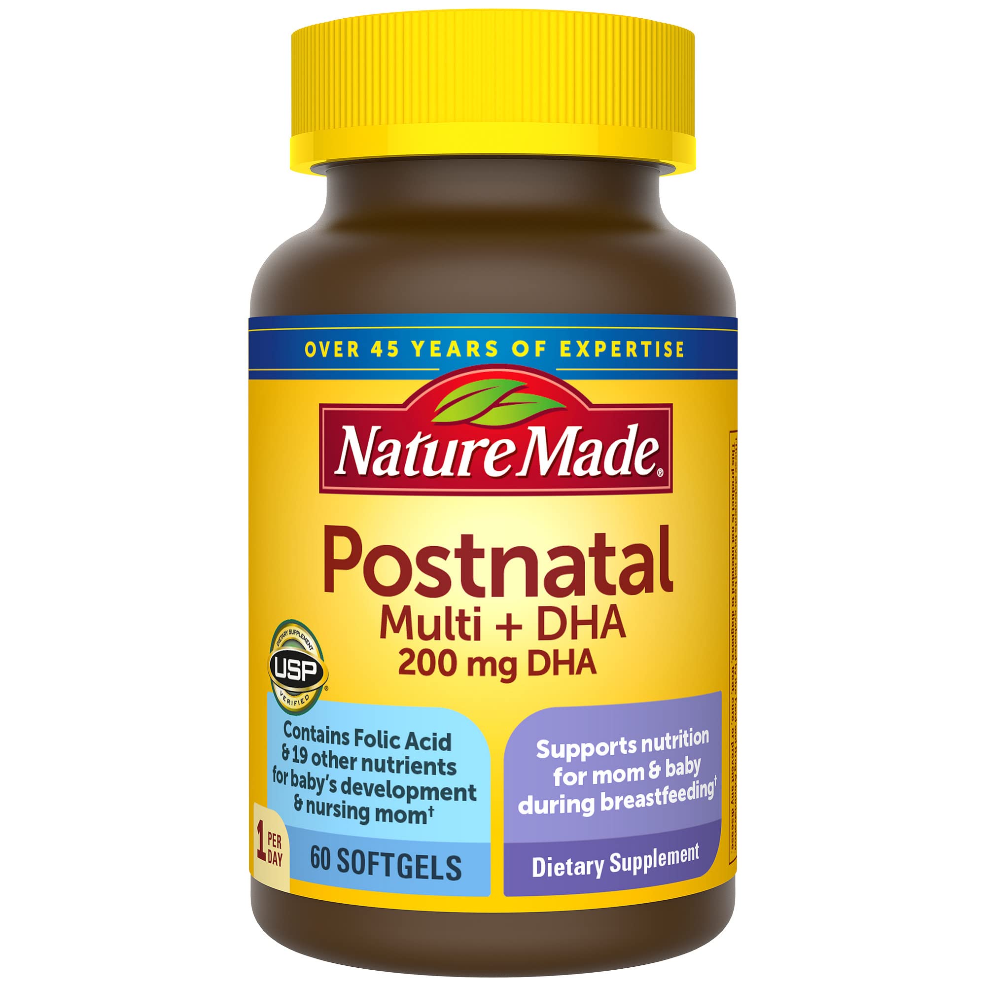 Nature Made Postnatal Multivitamin + DHA bottle front showing 60 softgels for moms