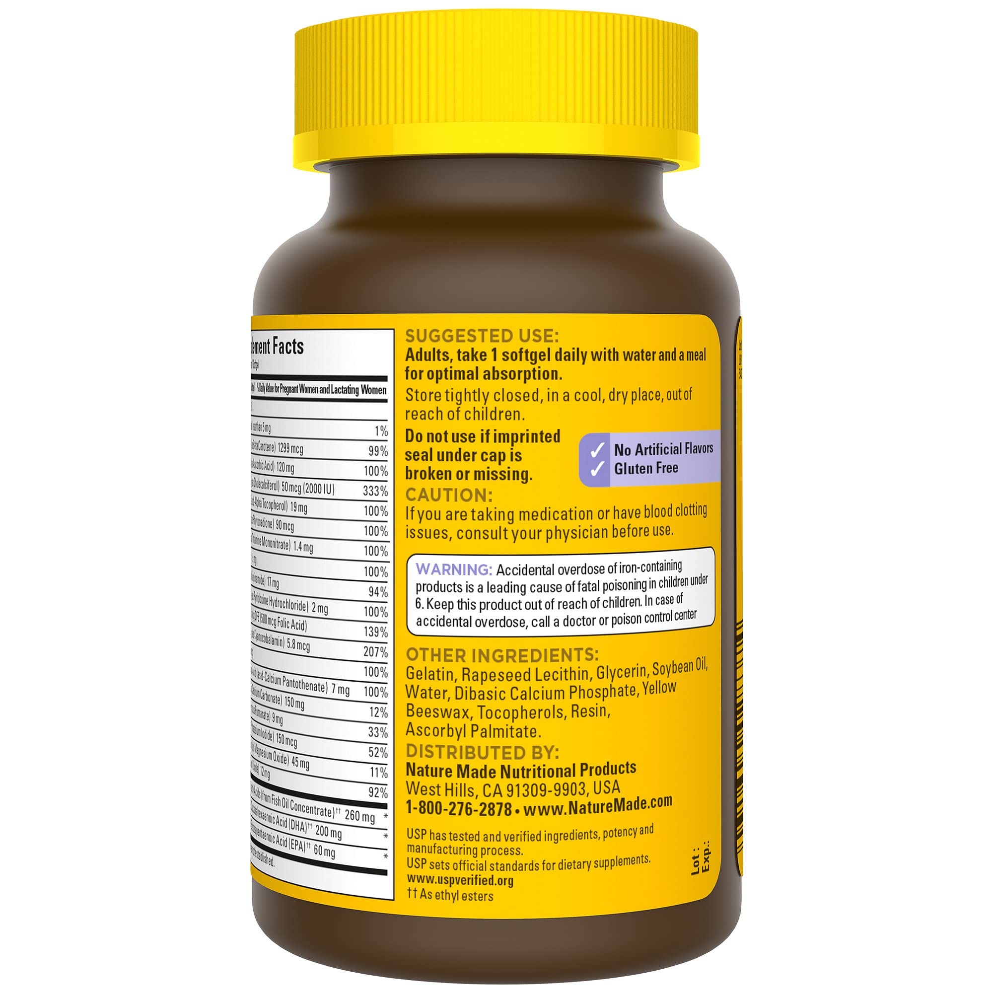 Nature Made Postnatal Multivitamin + DHA gluten-free and no artificial flavors badge