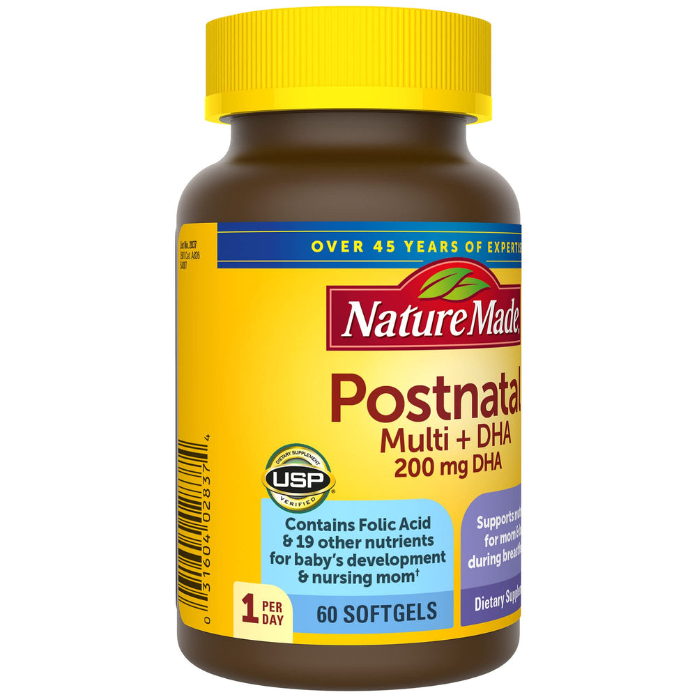 Nature Made Postnatal Multivitamin + DHA 60-day supply indicator on label