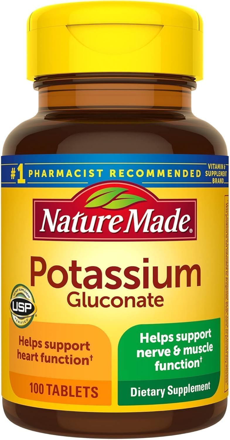 Nature Made Potassium Gluconate 550mg bottle front for daily electrolyte support.