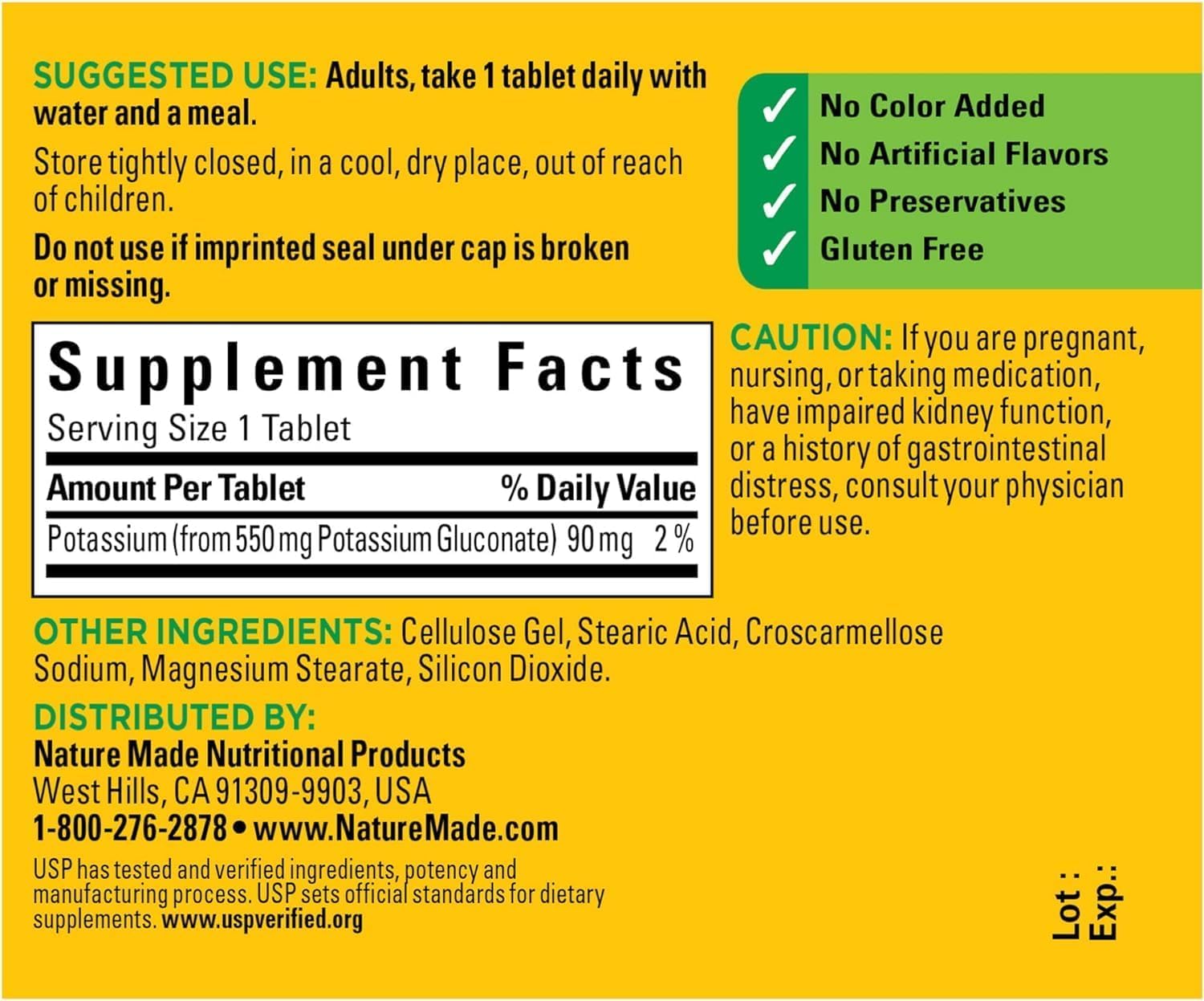 Nature Made Potassium Gluconate 550mg packaging box with label details.
