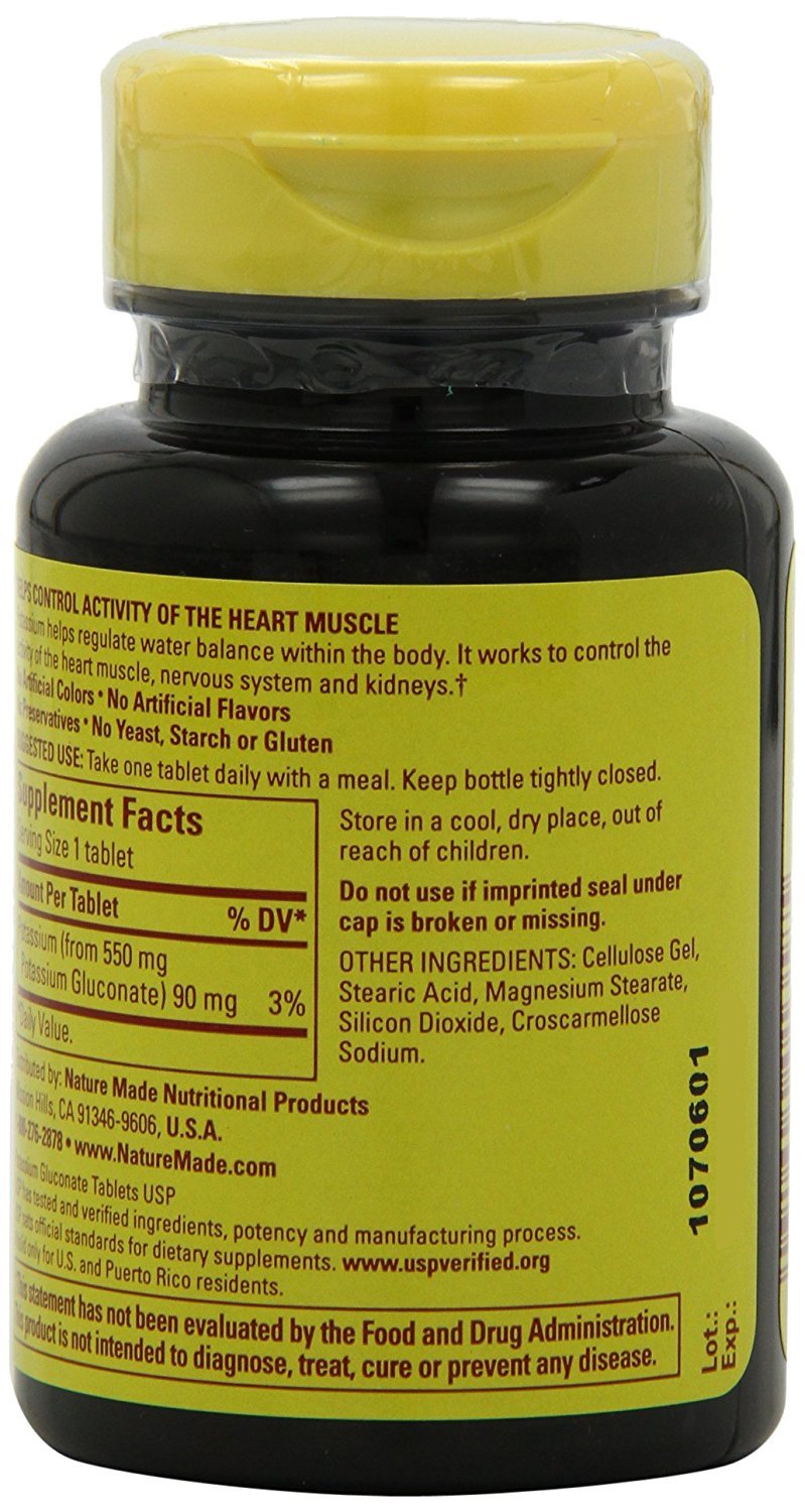 Nature Made Potassium Gluconate 550 mg packaging showcases gluten-free formula.
