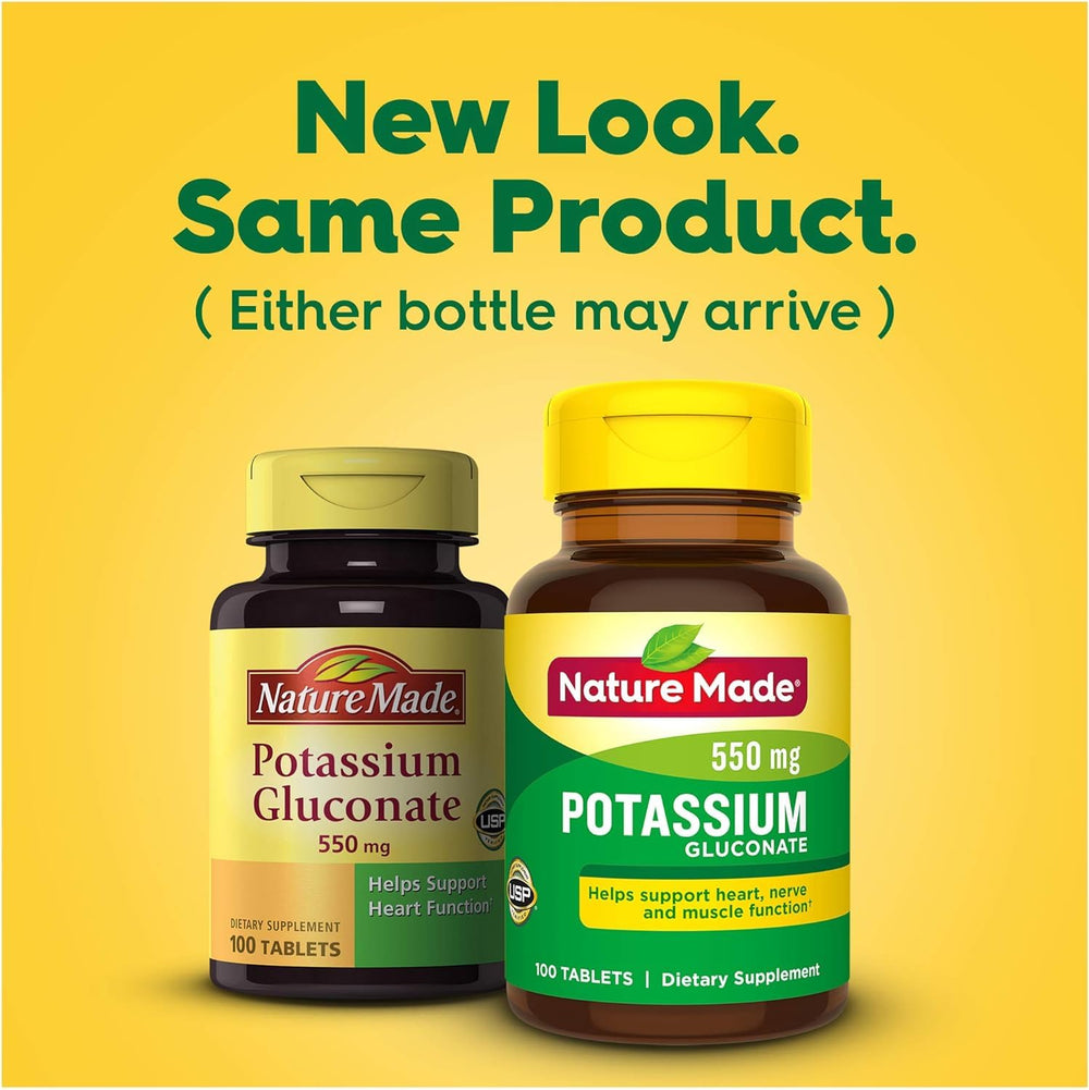Nature Made Potassium Gluconate 550mg bottle with quality standards label.