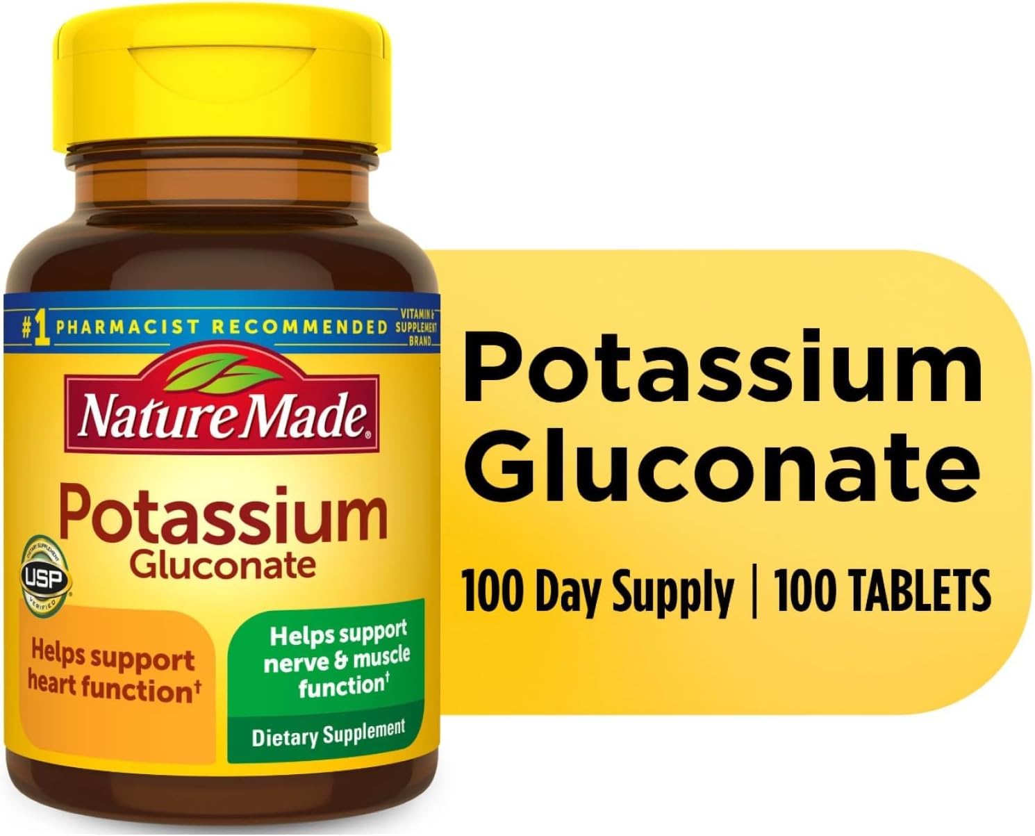 Nature Made Potassium Gluconate 550mg supplement scene on white background.