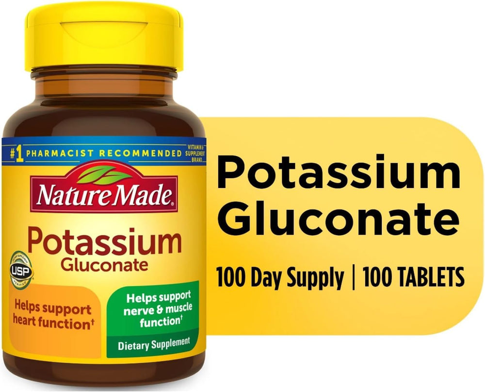 Nature Made Potassium Gluconate 550mg supplement scene on white background.
