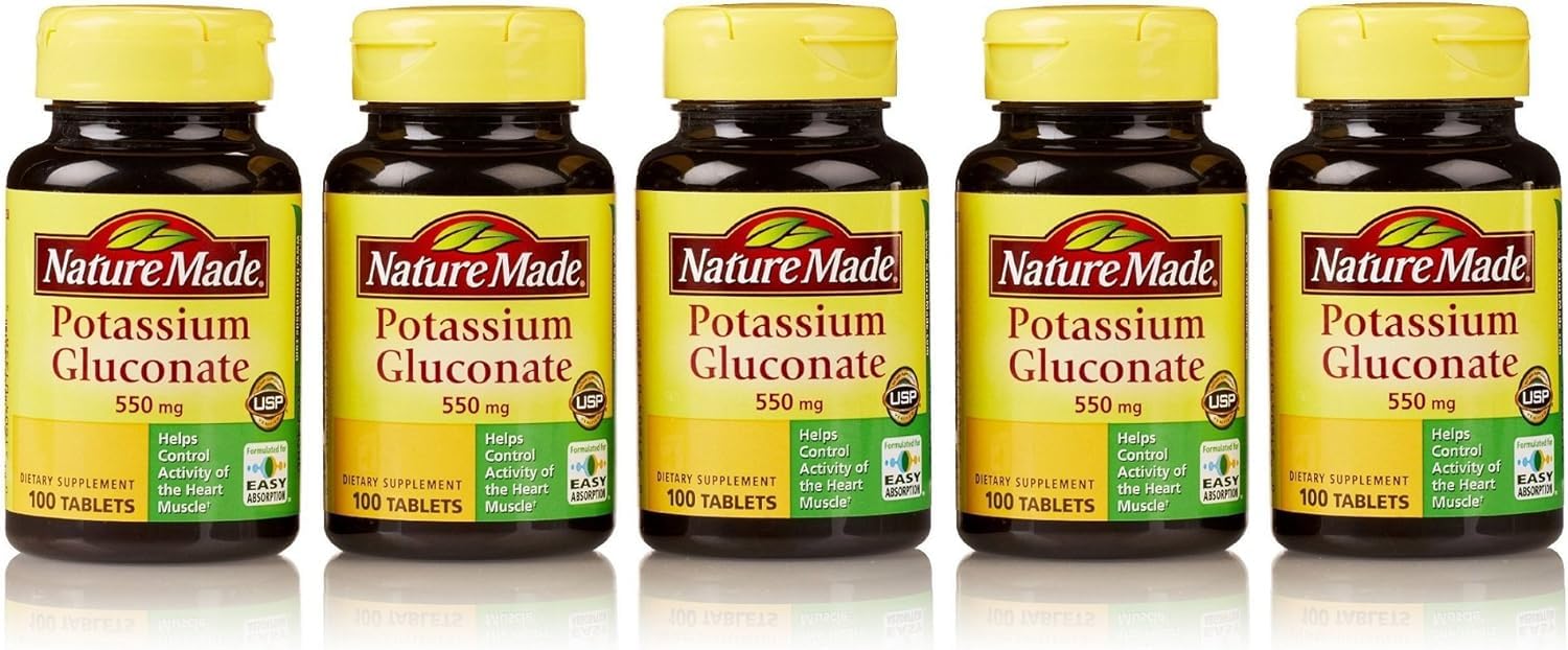 Nature Made Potassium Gluconate 550mg tablets closeup showing dosage.