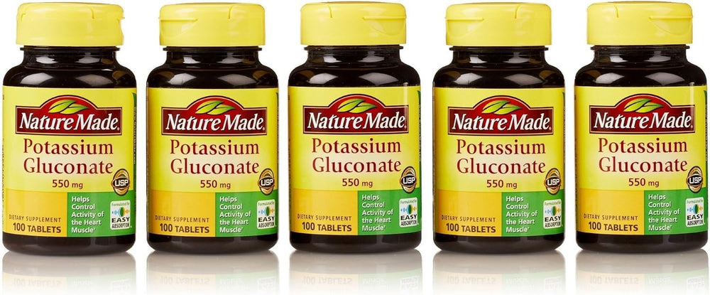 Nature Made Potassium Gluconate 550mg tablets closeup showing dosage.