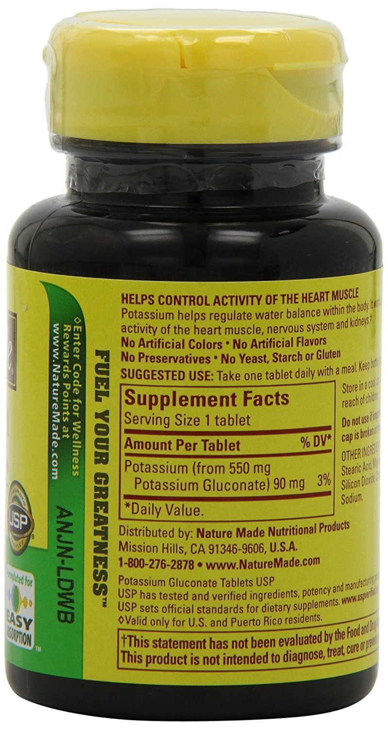 Nature Made Potassium Gluconate 550 mg tablets close-up for nerve support.