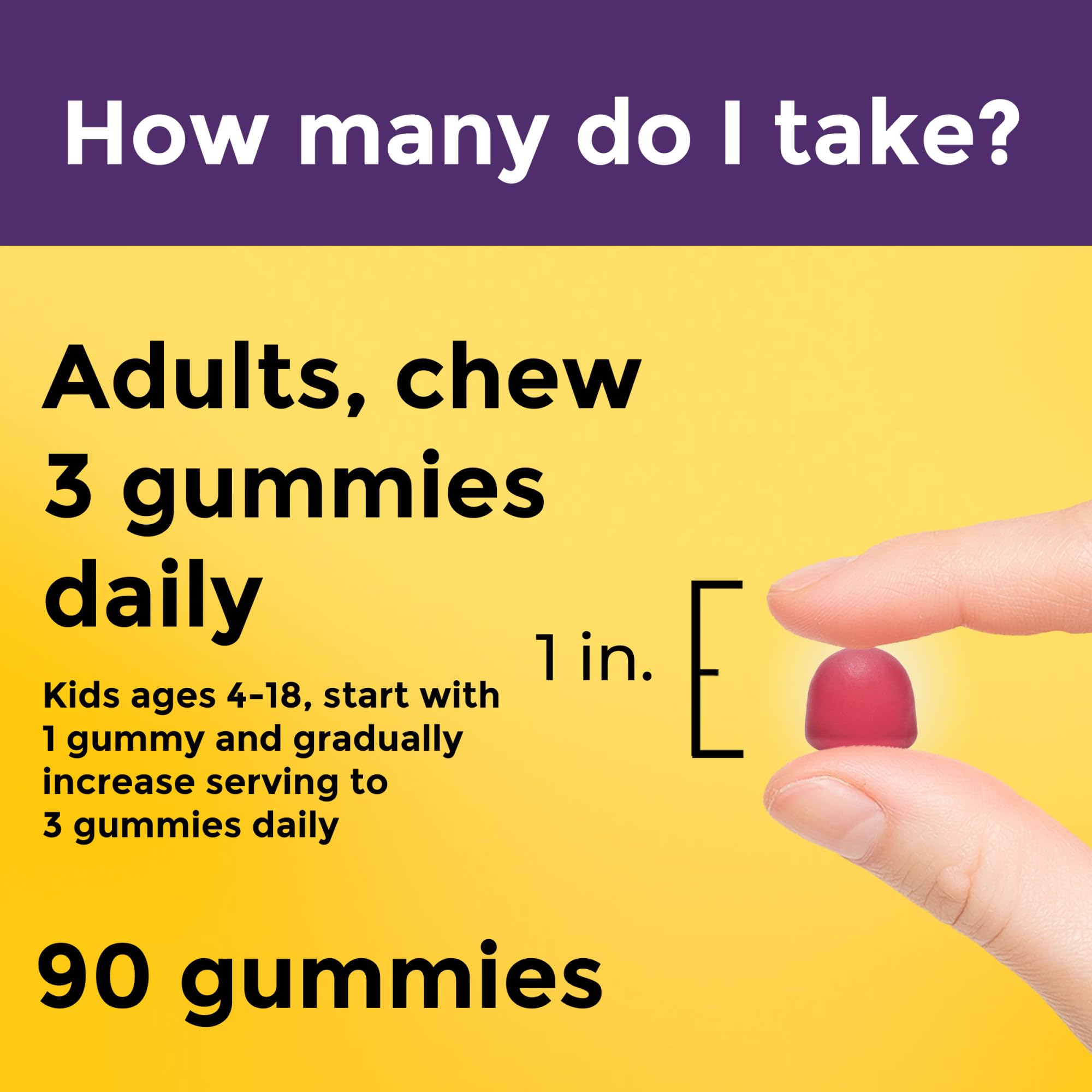 Kids serving of Nature Made gummies with dosing guidelines for ages 4–18