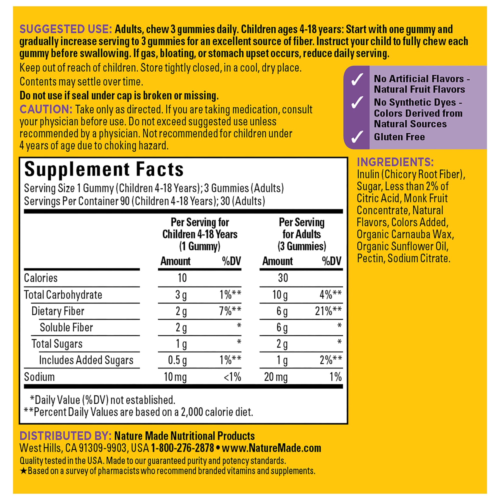 Lemon flavored Nature Made Prebiotic Fiber Gummies in bright packaging