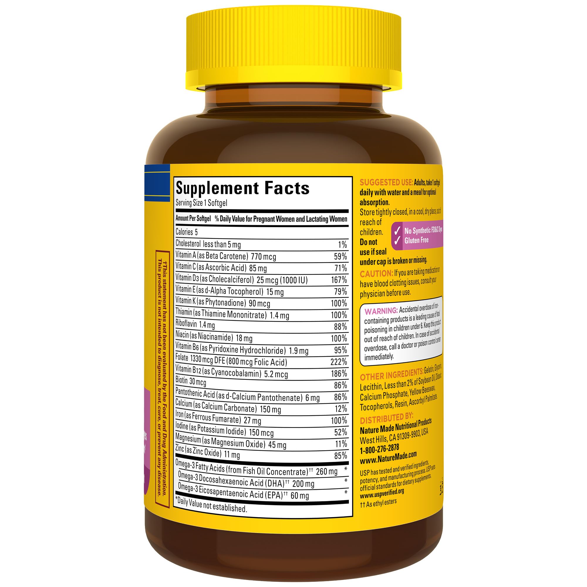 Nature Made Prenatal DHA softgel close-up showing DHA content.