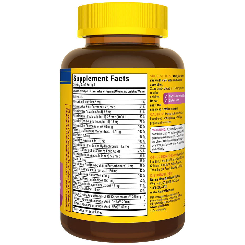 Nature Made Prenatal DHA softgel close-up showing DHA content.