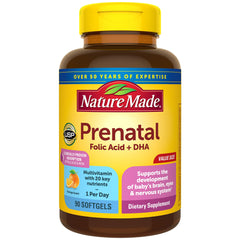 Nature Made Prenatal bottle with softgels for daily DHA and folic acid support.