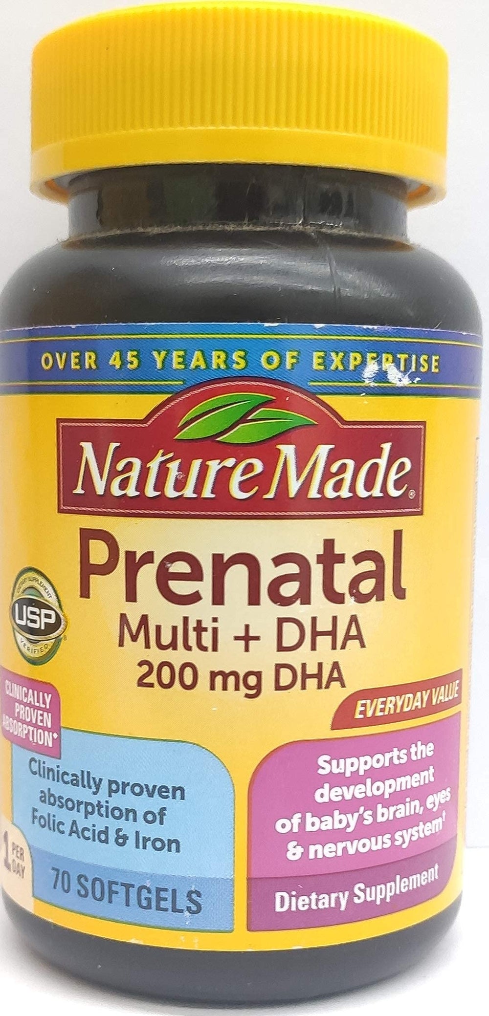Nature Made Prenatal Multi DHA label highlights USP verification and gluten-free formula.