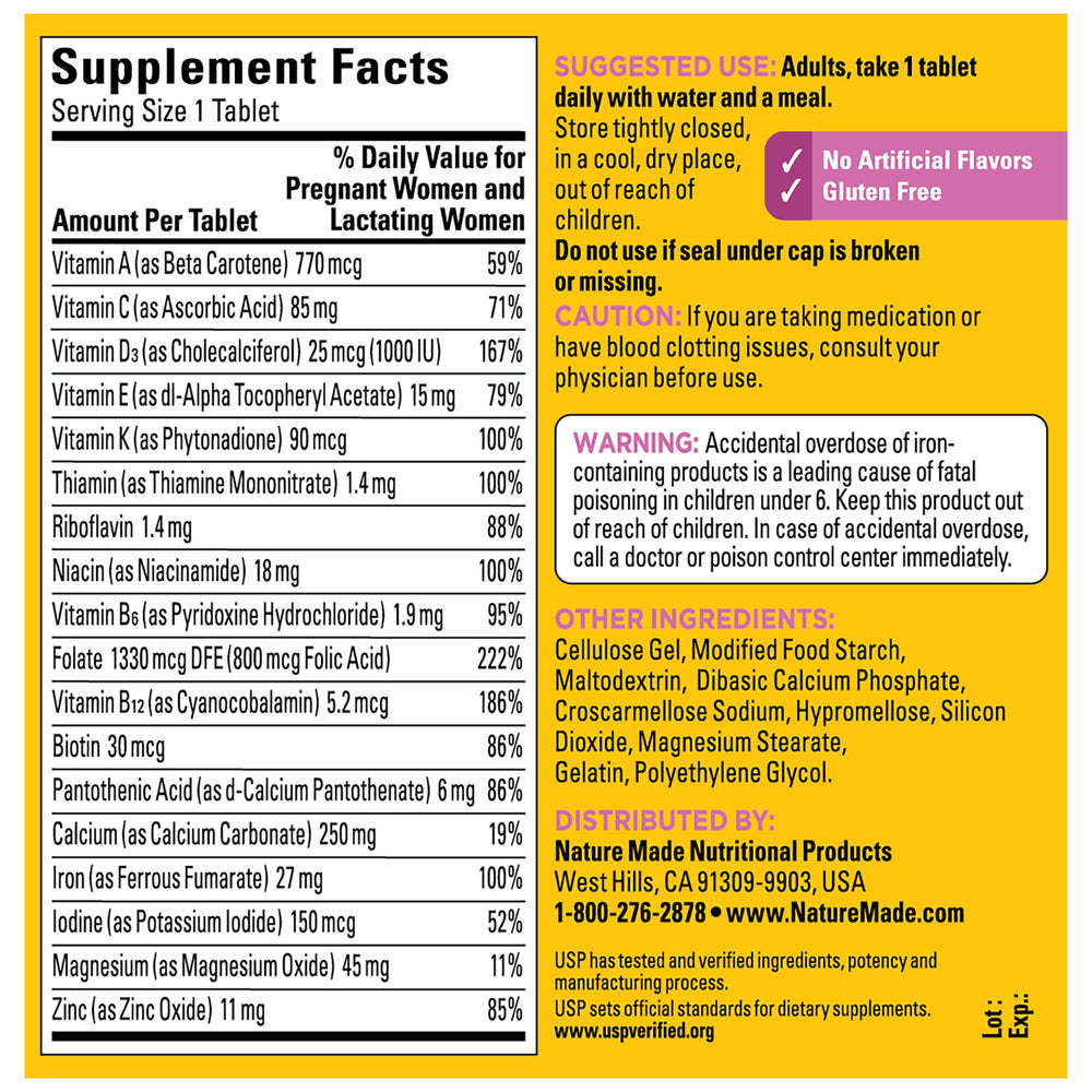 Nature Made Prenatal Multivitamin bottle with glass of water.