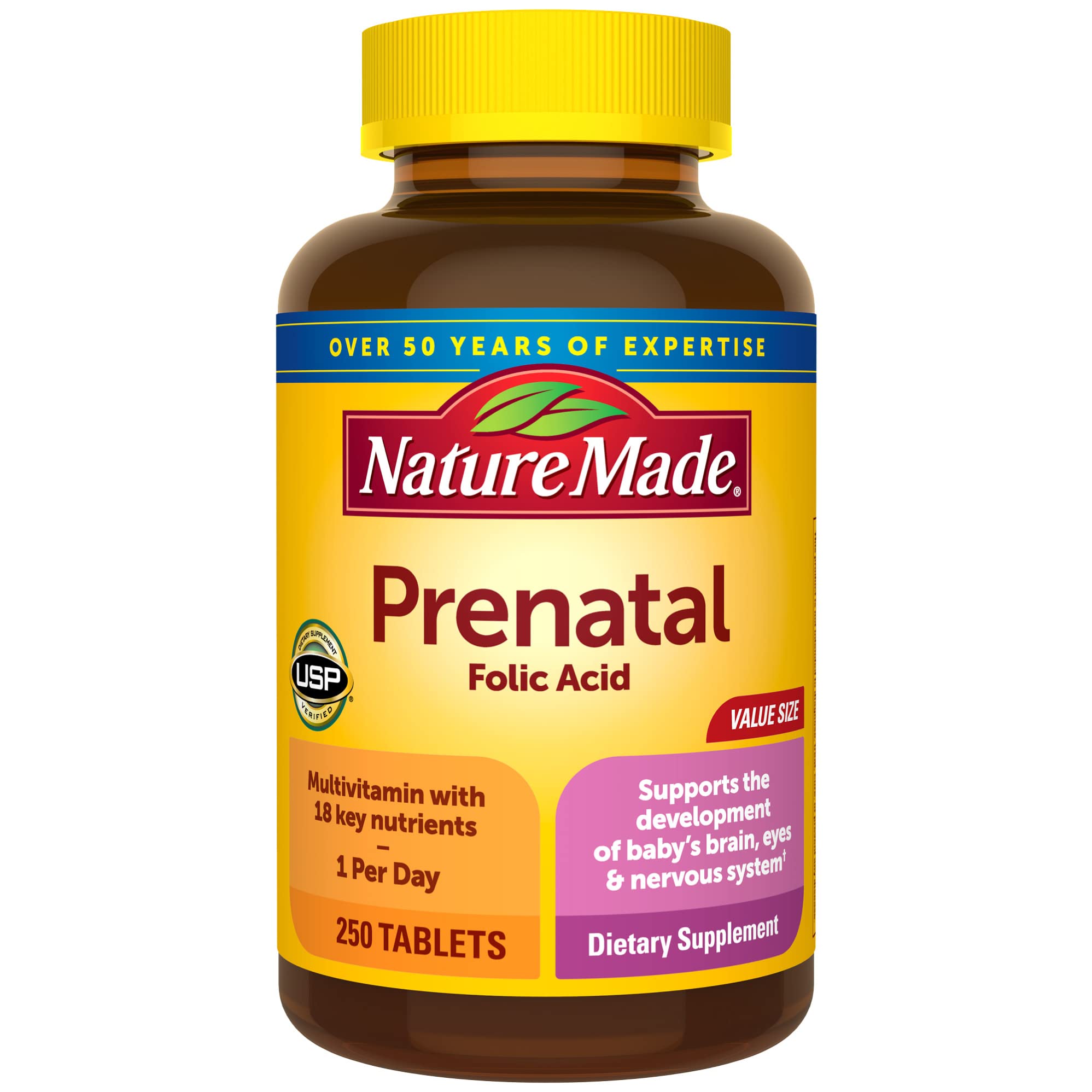 Nature Made Prenatal Multivitamin bottle on countertop supports daily prenatal nutrition.
