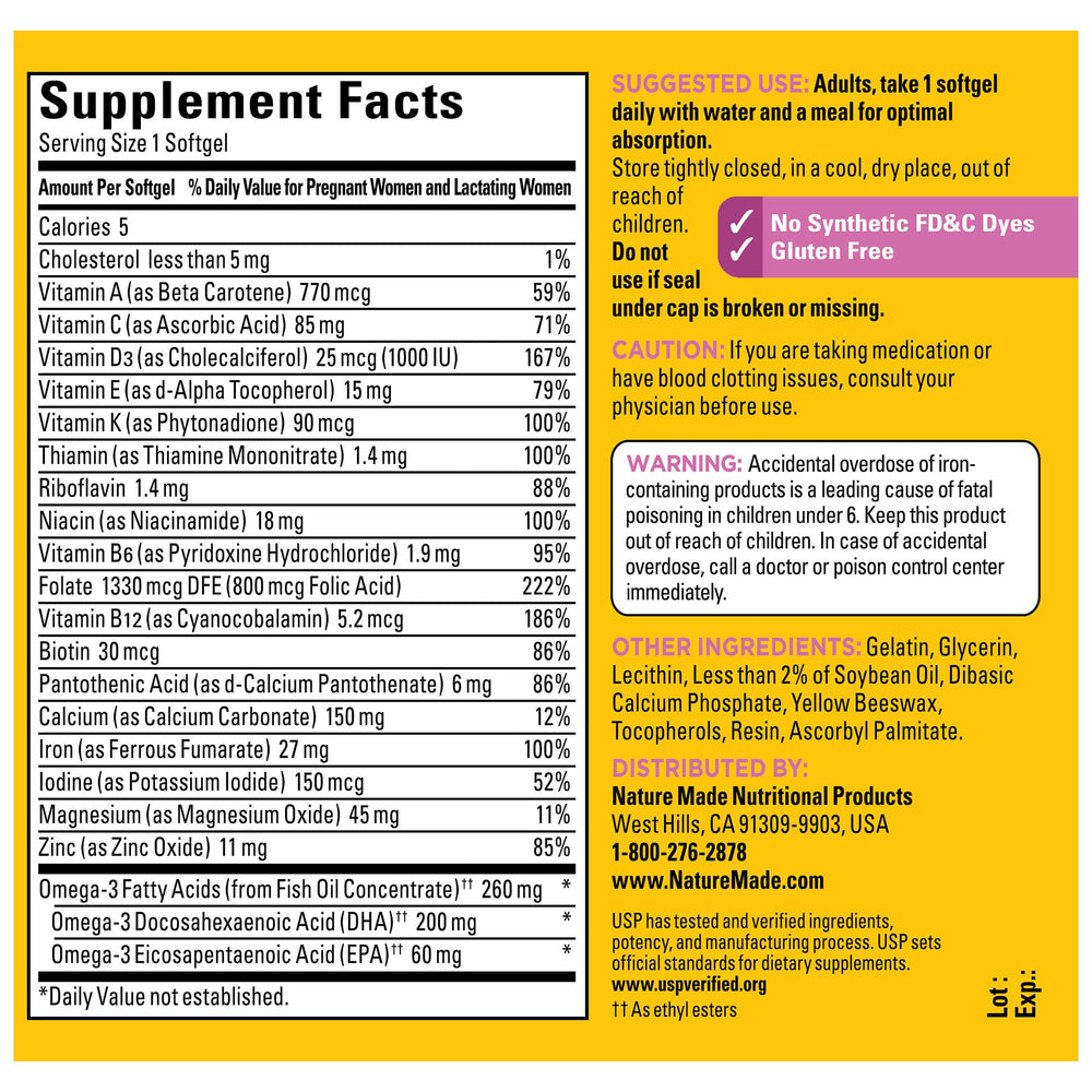 Nature Made USP Verified seal on Prenatal bottle.