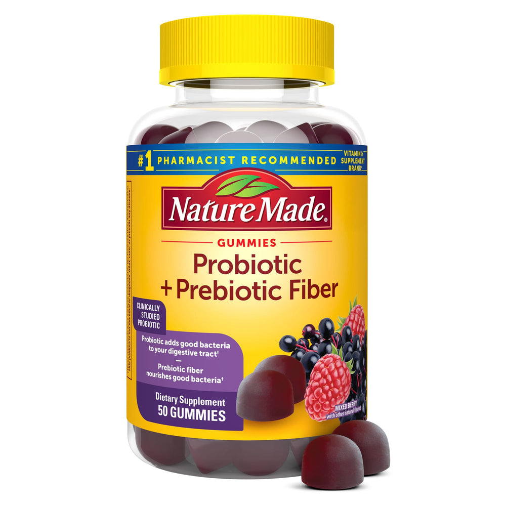 Nature Made Probiotic + Prebiotic Fiber Gummies bottle front supporting daily gut balance.