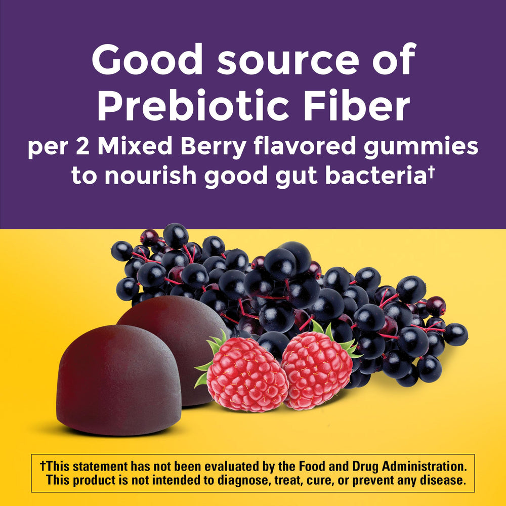 Nature Made Probiotic + Prebiotic Fiber Gummies gummies close-up mixed berry flavor.