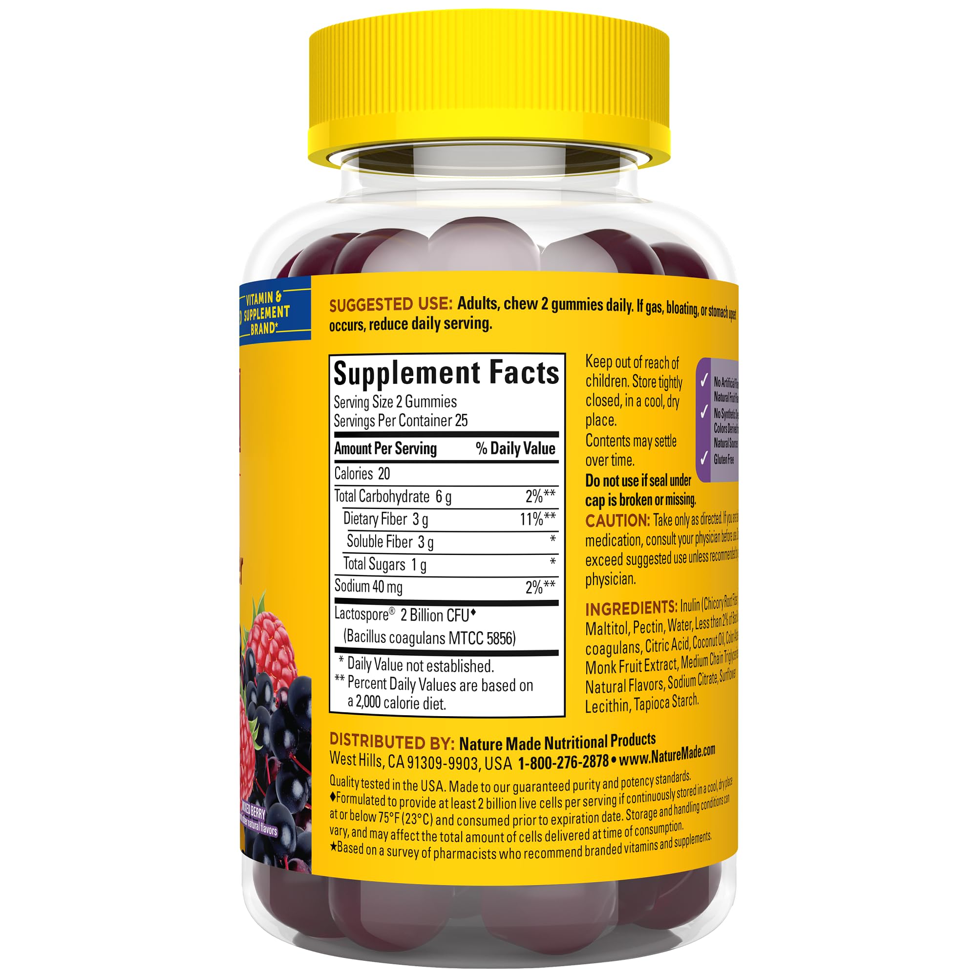 Nature Made Probiotic + Prebiotic Fiber Gummies on store shelf display.