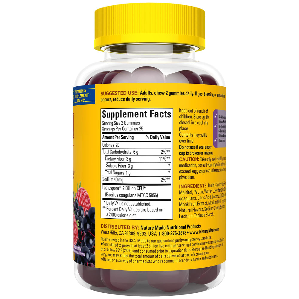 Nature Made Probiotic + Prebiotic Fiber Gummies on store shelf display.