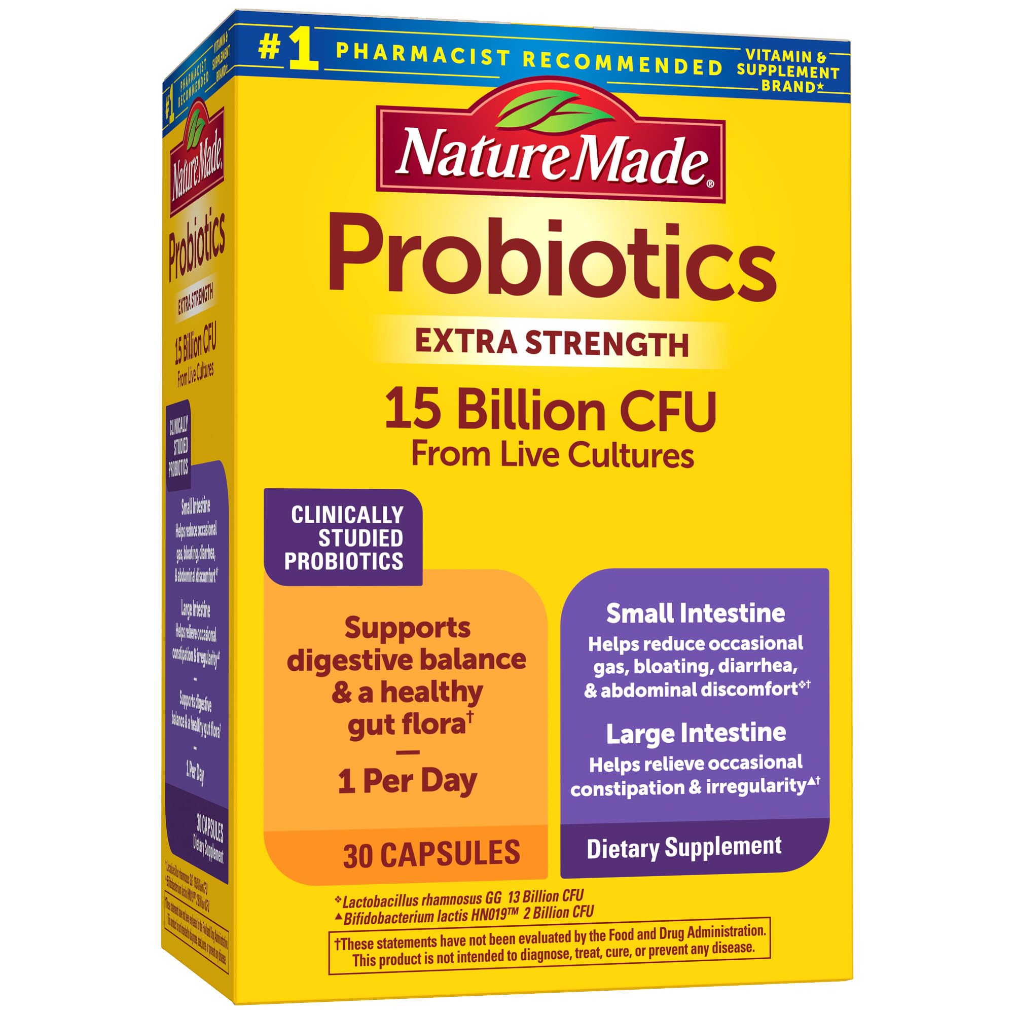 Nature Made Probiotics extra strength bottle on shelf supports daily digestive balance.