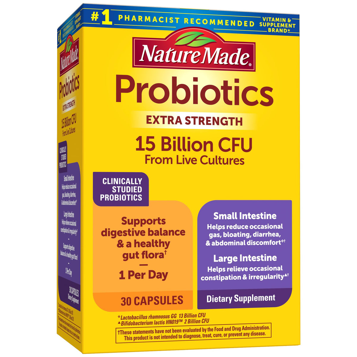 Nature Made Probiotics extra strength bottle on shelf supports daily digestive balance.