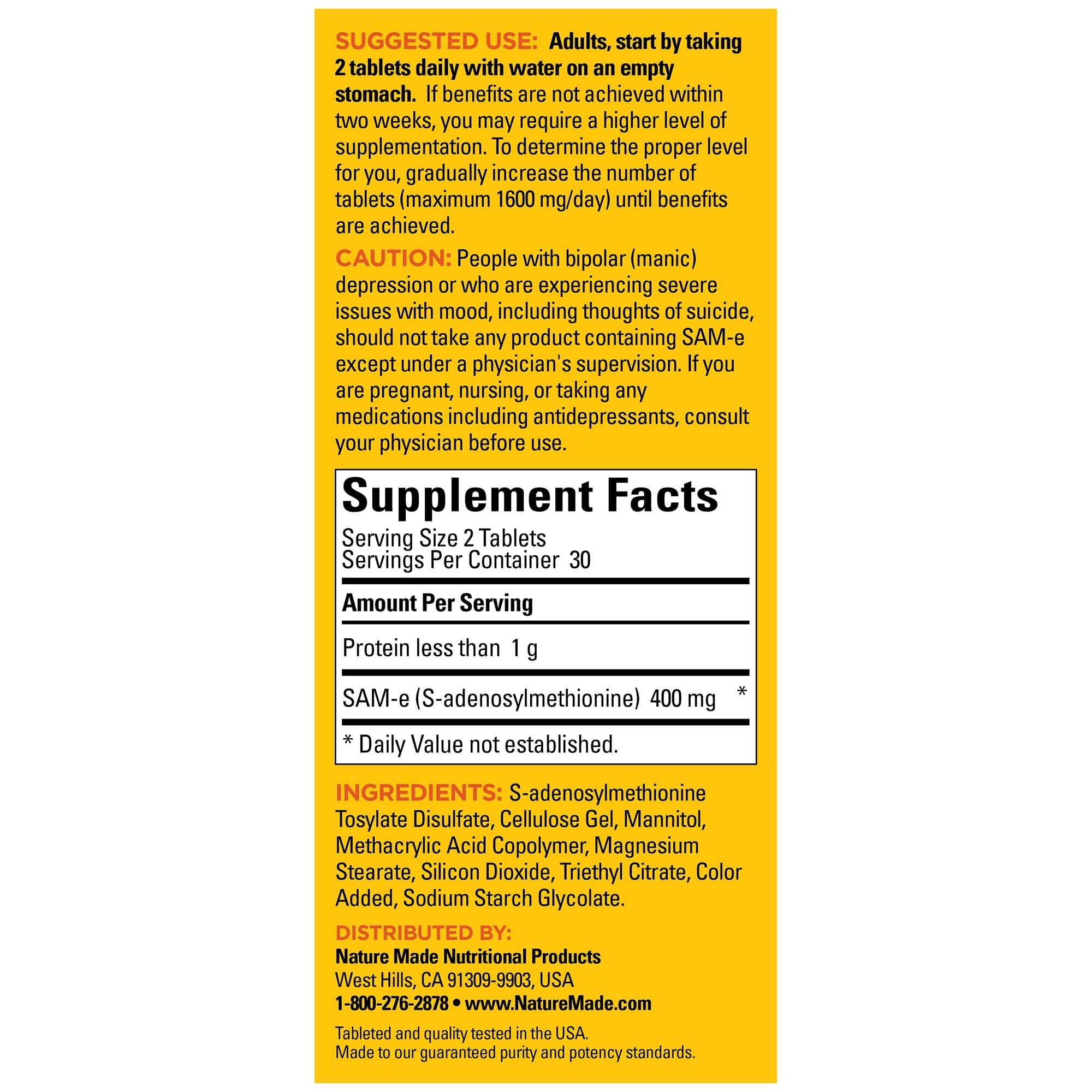 Nature Made SAM-e 200 mg gluten-free badge signals dietary compatibility.