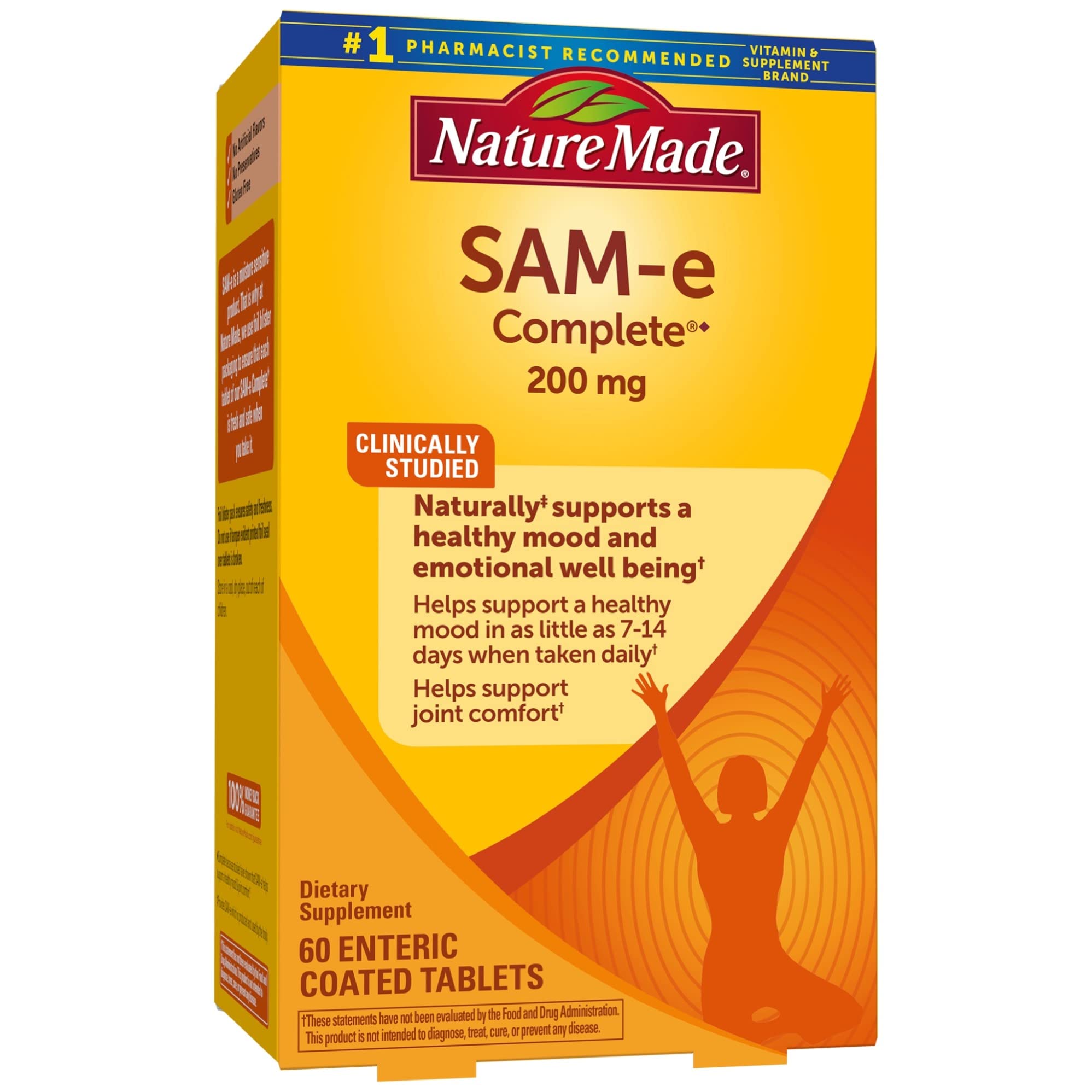 Nature Made SAM-e 200 mg bottle front promotes mood support and daily wellness.