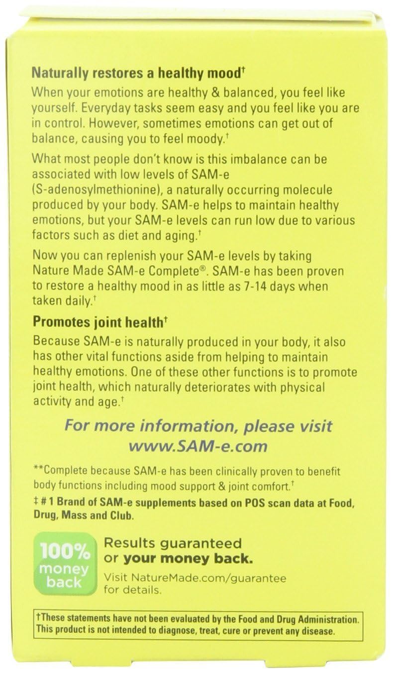 Close-up of Nature Made Sam-e Complete 400 mg tablets for daily use.