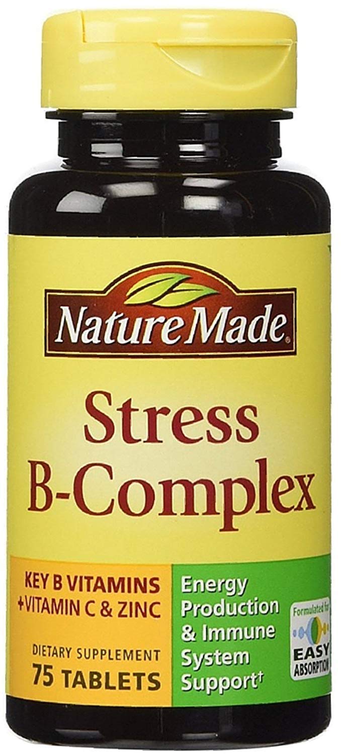 Nature Made Stress B-Complex tablets with vitamin C and zinc on a clean countertop for daily energy support.