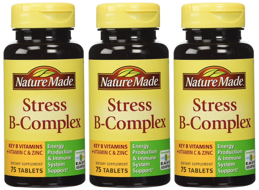 Nature Made Stress B Complex with Zinc bottle and tablets for daily immune and stress support.