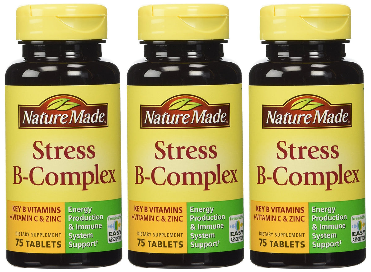 Nature Made Stress B Complex with Zinc bottle and tablets for daily immune and stress support.