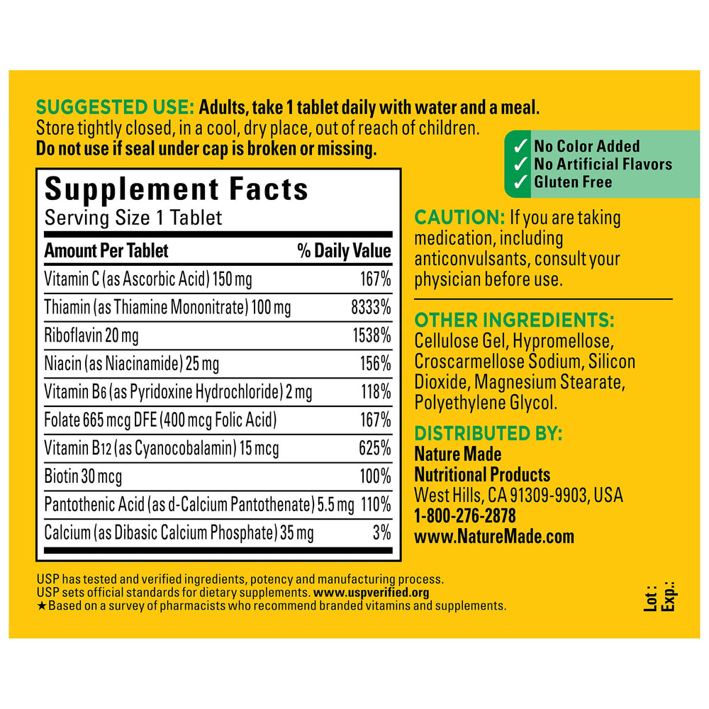 Nature Made Super B Complex ingredient list with vitamins