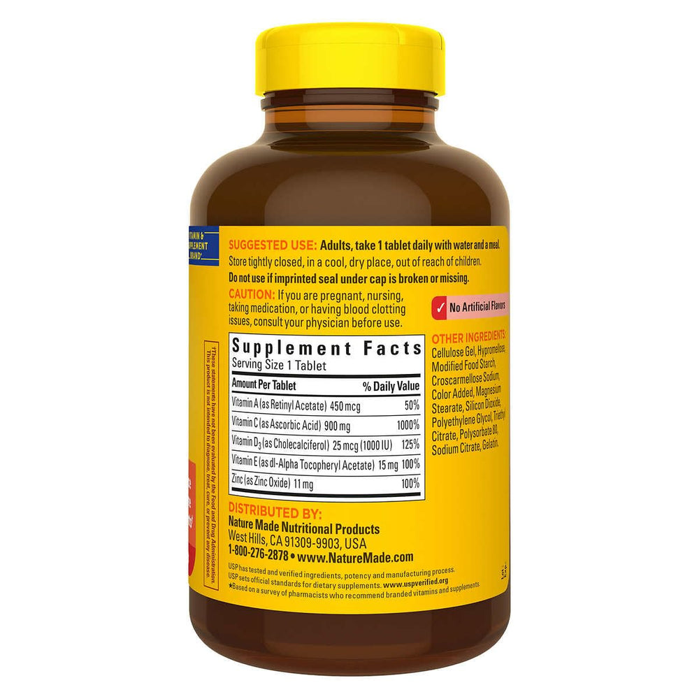 Close-up of Nature Made Super C tablets showing vitamin C, D3, and zinc, emphasizing antioxidant support.
