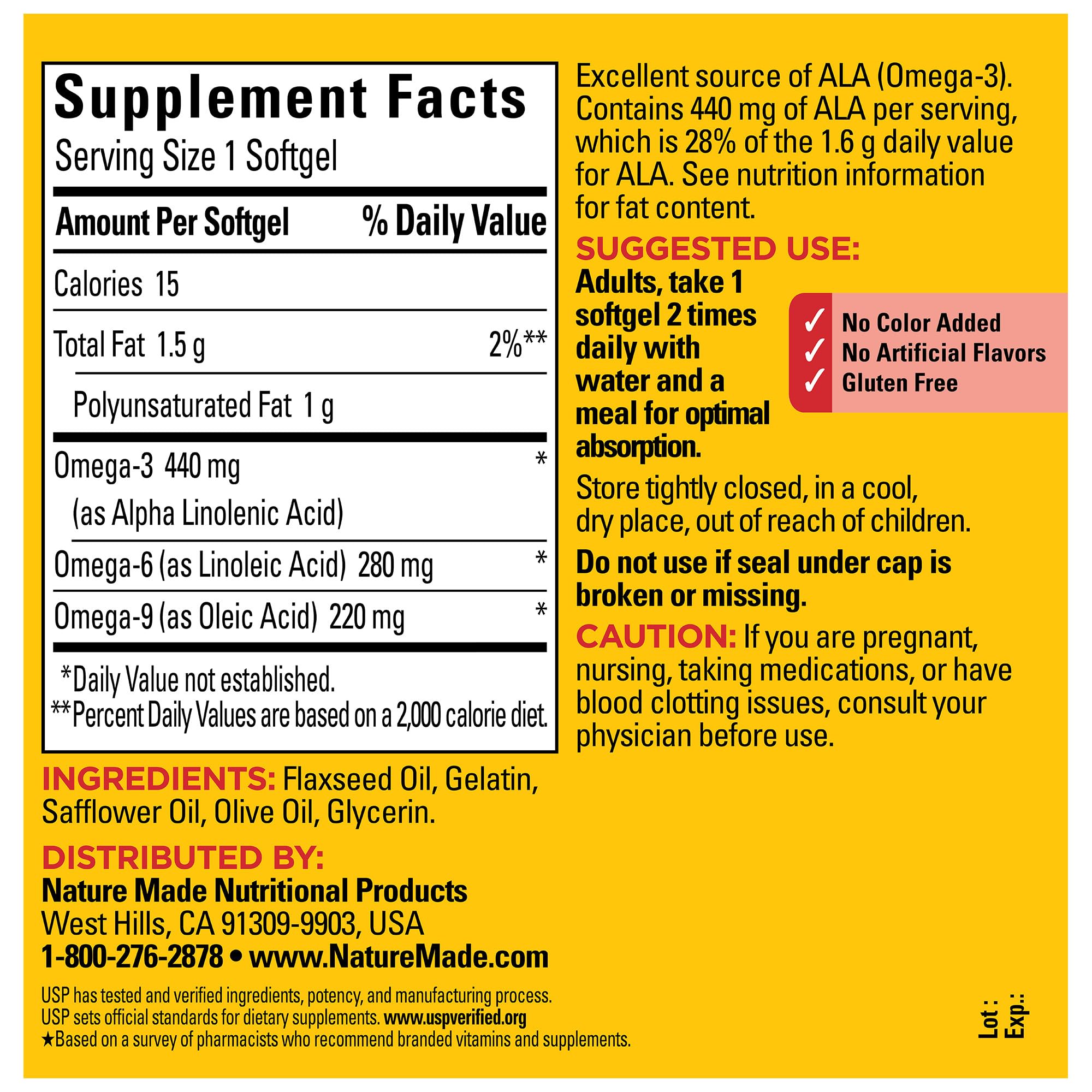 Nature Made Triple Omega 3-6-9 softgels pour showing easy-to-swallow capsules.