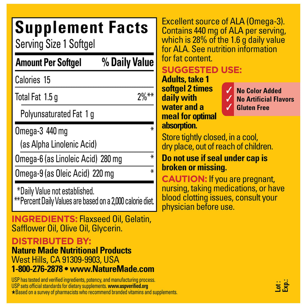 Nature Made Triple Omega 3-6-9 softgels pour showing easy-to-swallow capsules.