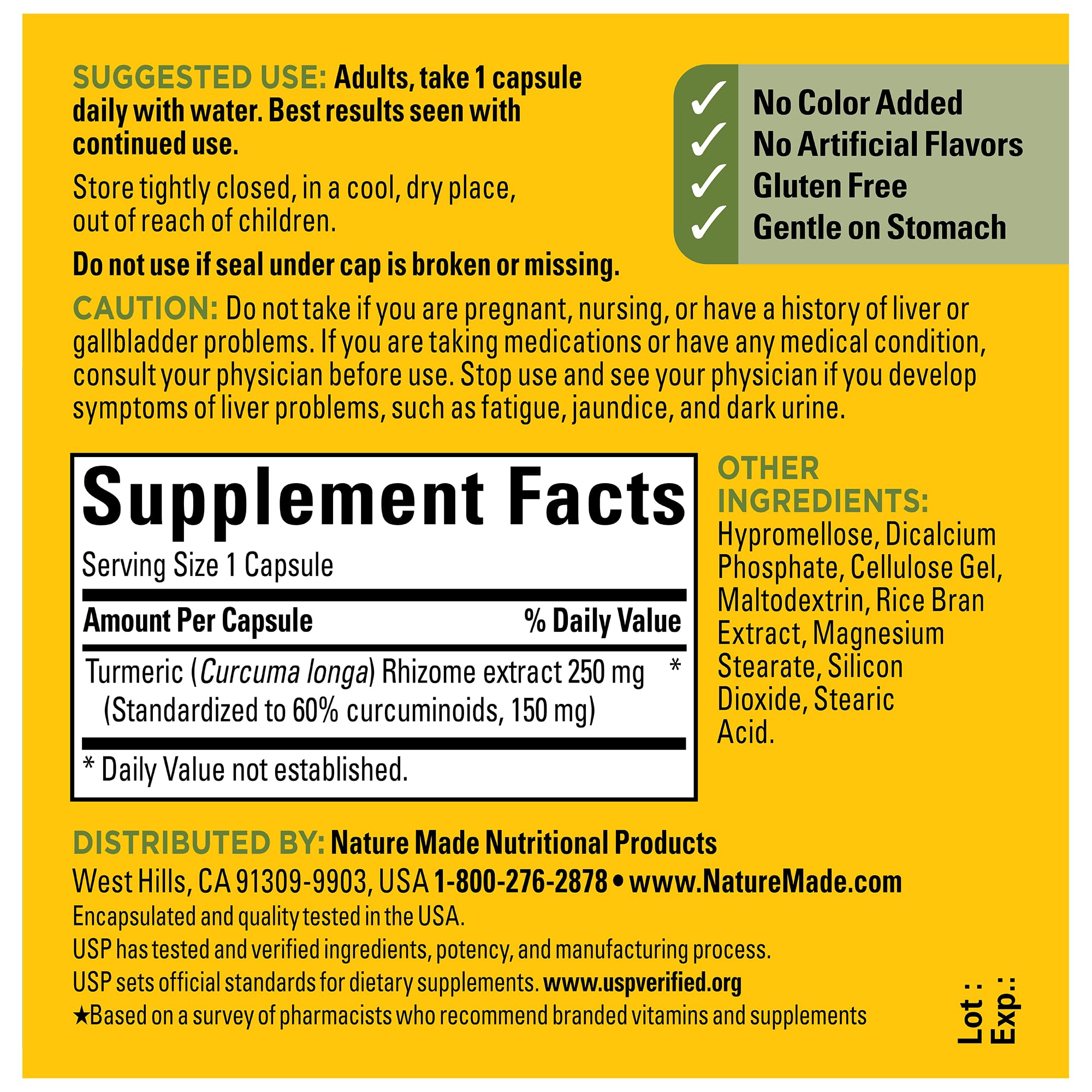 Label highlights 250 mg turmeric extract per capsule.