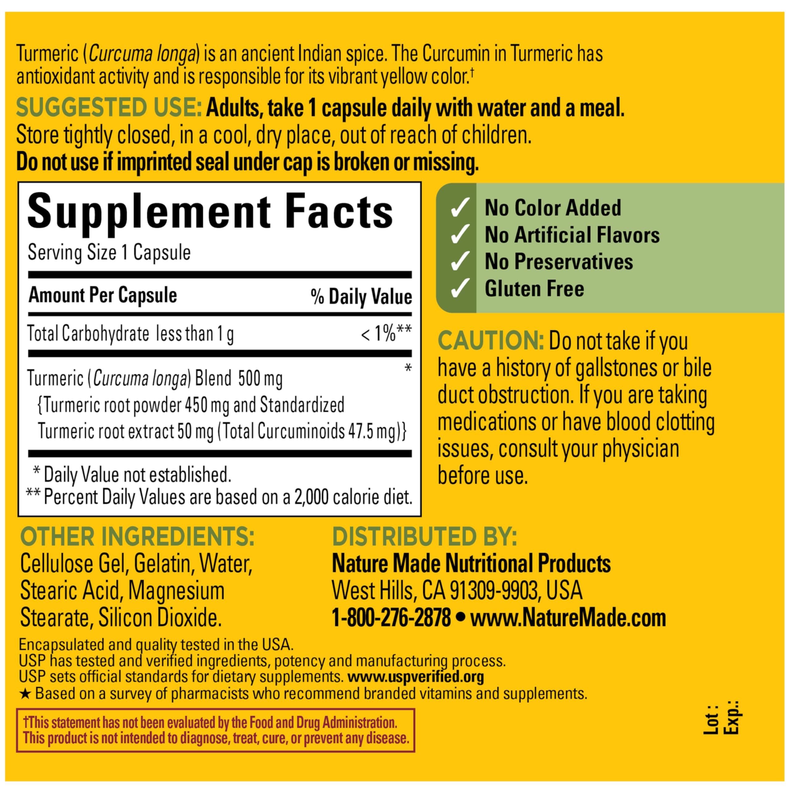 Nature Made Turmeric Curcumin 500 mg, caja de presentación simple.