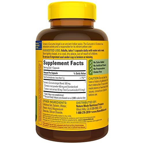 Nature Made Turmeric Curcumin 500 mg, ingredientes clave sin gluten.