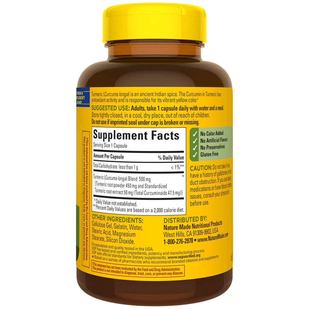 Nature Made Turmeric Curcumin 500 mg, instrucciones claras de uso.