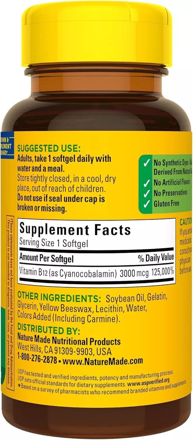 Closeup of Nature Made B-12 softgels capsules, no artificial flavors