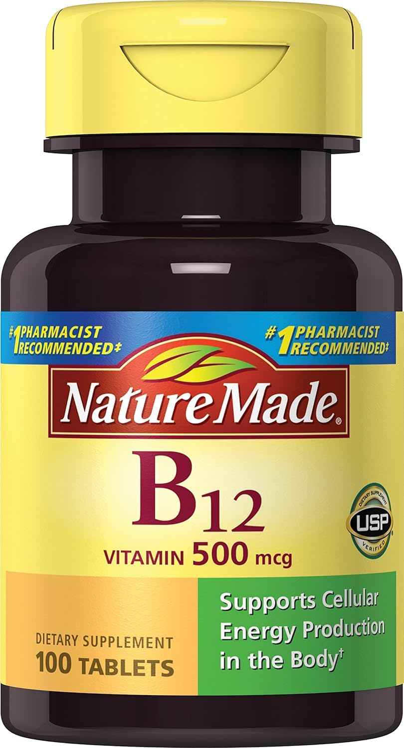 Nature Made Vitamin B-12 500 mcg tablets in a 2-pack for energy support and nerve health.