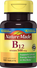 Nature Made Vitamin B-12 500 mcg tablets in a 2-pack for energy support and nerve health.
