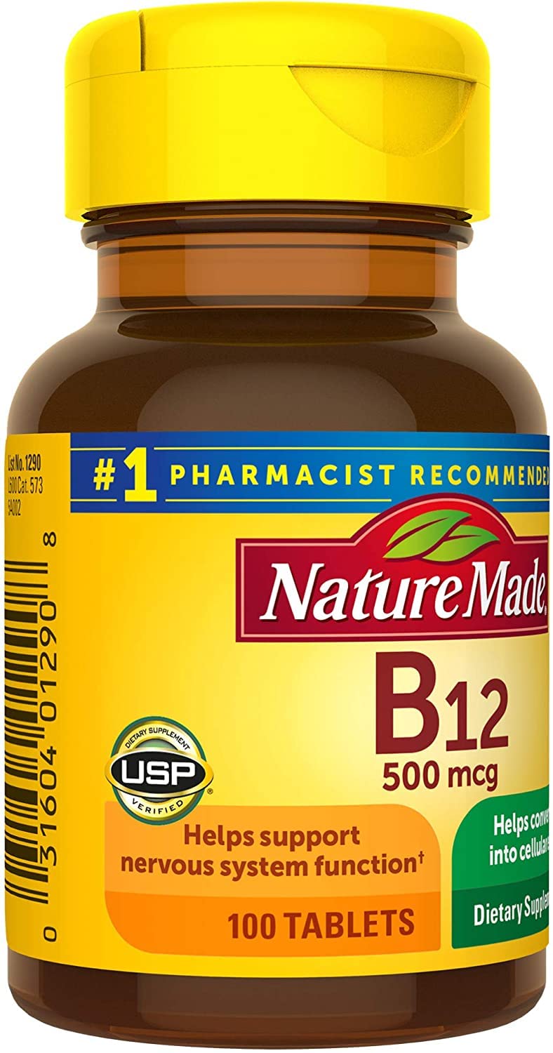 Nature Made Vitamin B-12 500 mcg bottle back showing gluten-free and additives