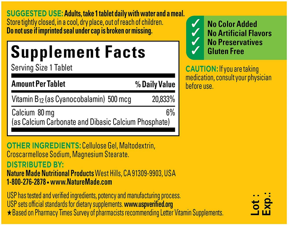 Nature Made Vitamin B-12 label highlights gluten-free and preservative-free features