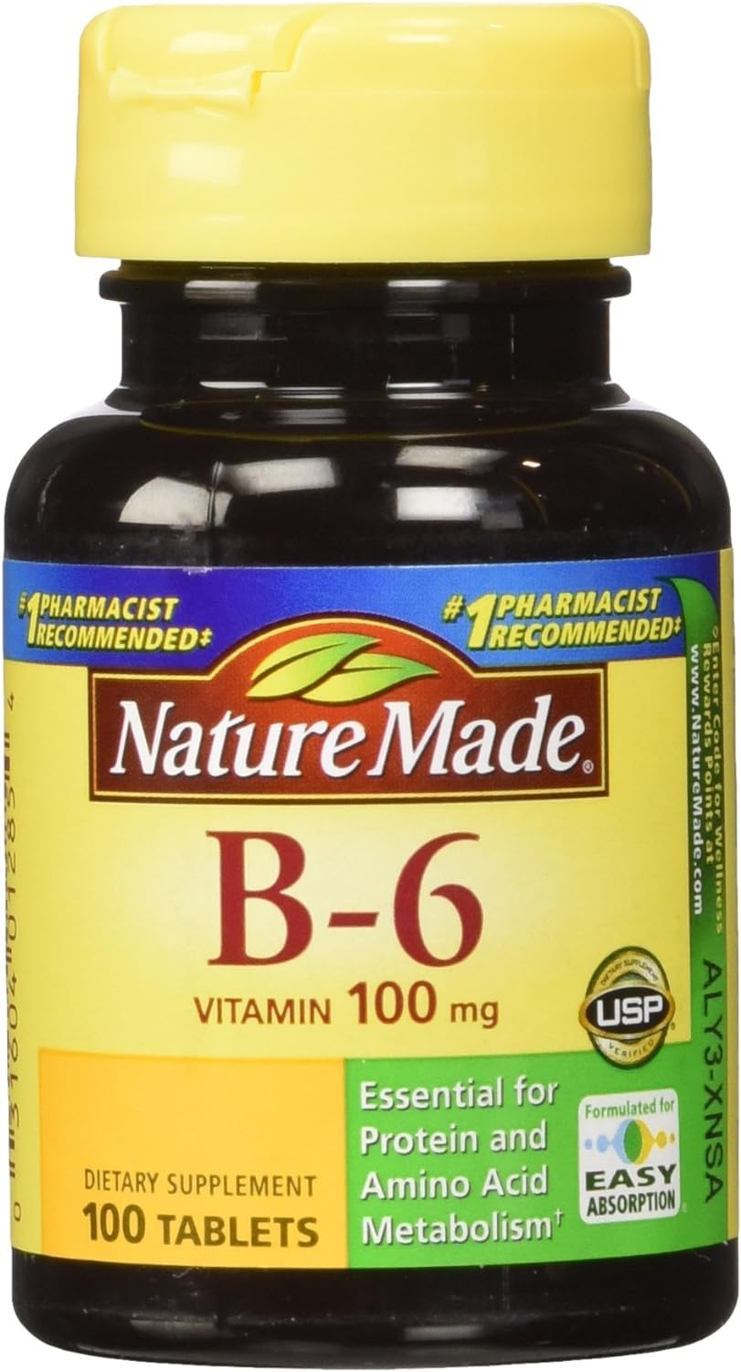 Nature Made Vitamin B-6 100 mg tablets on the bottle front for daily energy support