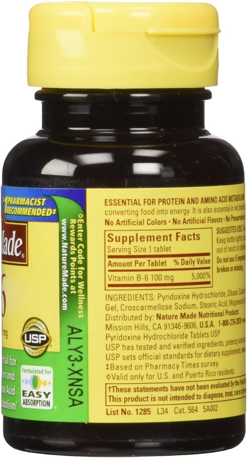 Bottle with dosage information for Nature Made Vitamin B-6 100 mg tablets